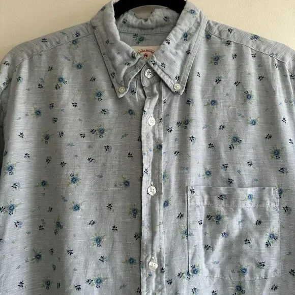 Brooks Brothers Red Fleece Linen Blend Shirt Men's Large Blue Floral Long Sleeve - Picture 2 of 10